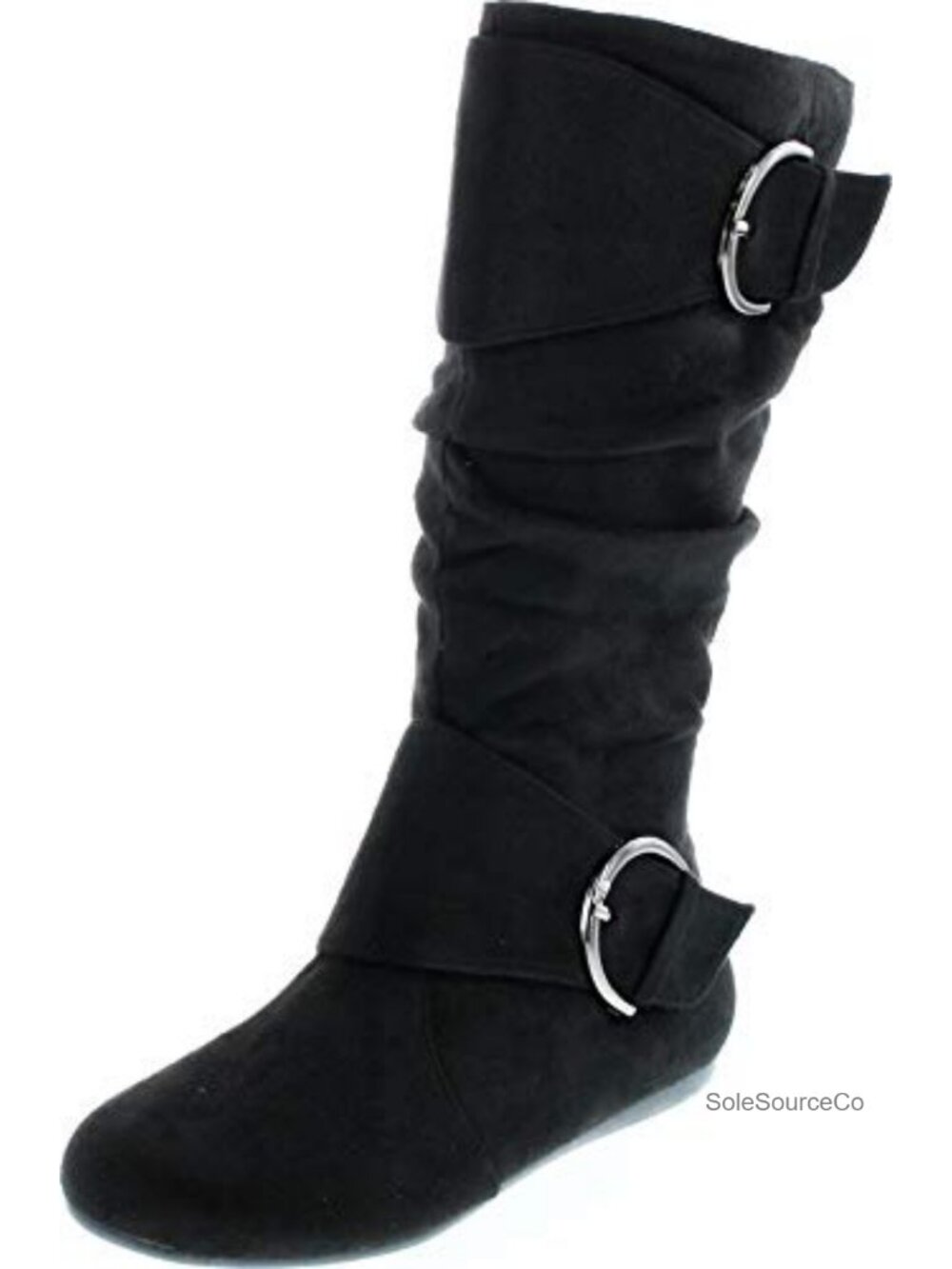 Women's Slouch Mid-Calf Boot Closed Round Toe Buckle Flat Heel